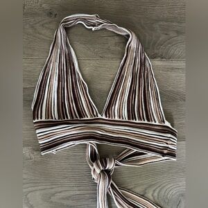 Garage Brown and White Striped Knit Halter Top Crop Tie Top